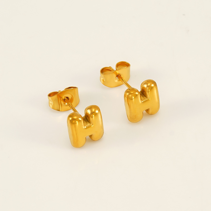 Gold color / 1 Pair Simple Series Elegant Letter H Titanium Steel  Gold Color Women's Stud Earrings Picture8